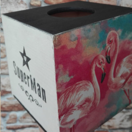 Κουτί Ξύλινο Τετράγωνο με Τεχνικές Decoupage για Χαρτομάντιλα Flamingo