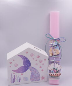 Σετ λαμπάδα γοργόνα με ξύλινο κουμπαρά mermaid