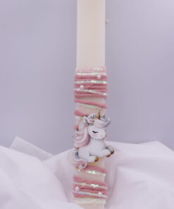 Πασχαλινή χειροποίητη λαμπάδα με μονόκερο και ουράνιο τόξο