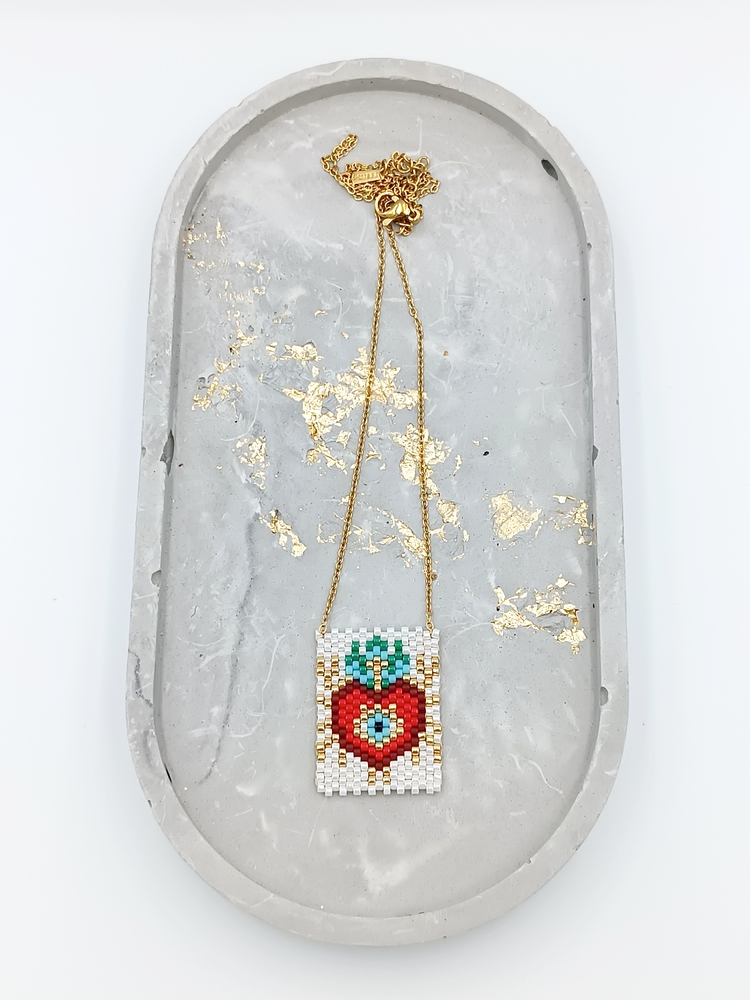 Κολιέ με ατσάλινη αλυσίδα και καρδιά και μάτι από χάντρες miyuki