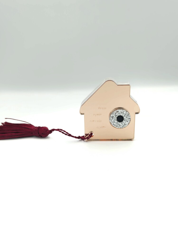 Γούρι 2026 σπιτάκι ροζ χρυσό με μάτι ασημί glitter plexi επιτραπέζιο